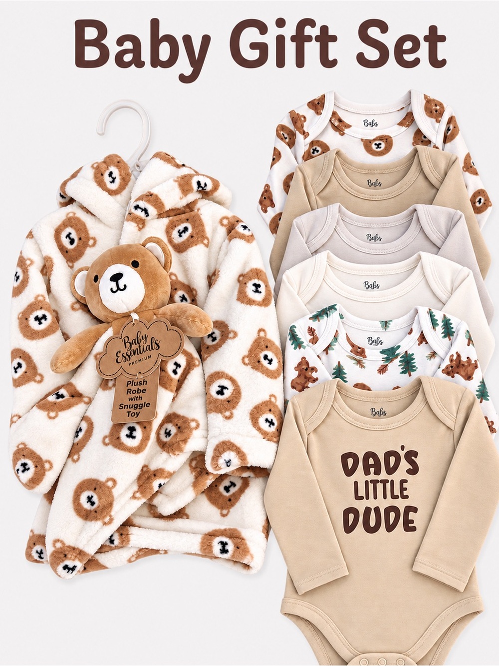 NWT Baby Essentials Cozy Bear Robe & 6 Bodysuits and bear lovey Set 3M